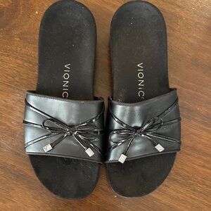 Vionic Black Slide Sandals with Bow Accent